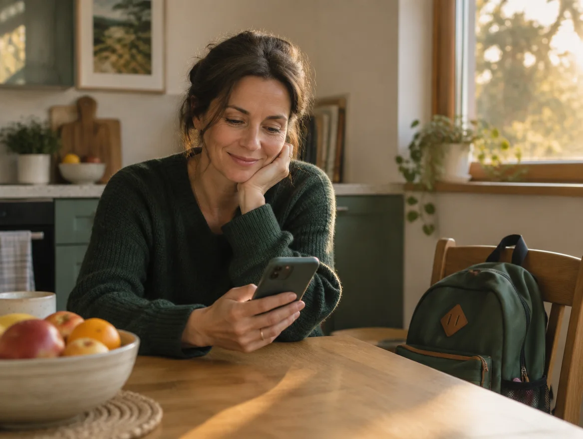 A parent at home reading a message from school on her phone