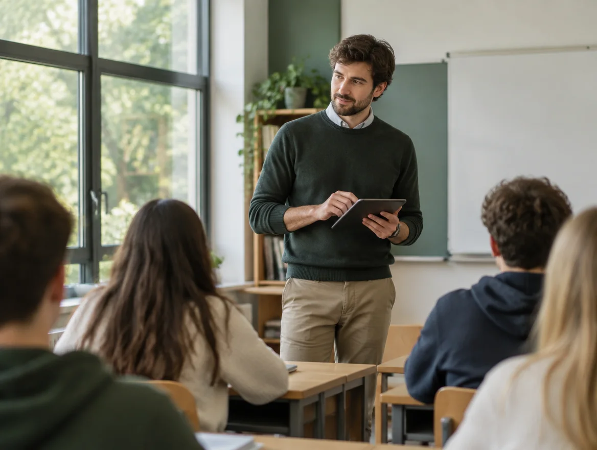 A teacher taking attendance on a tablet at the start of class